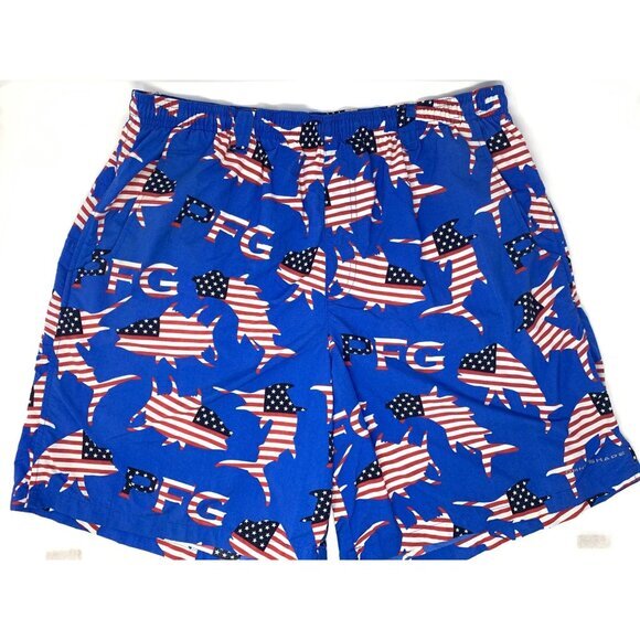 Columbia PFG‎ Omnishade Men's American Flag Fish Graphoc Swim Shorts Size Large - Picture 1 of 9